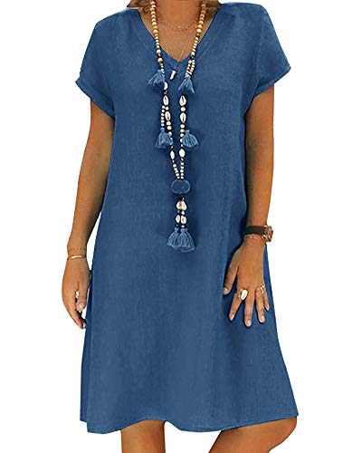 Yesgirl Sommerkleid Leinen Kleider Sommerkleid V-Ausschnitt Strandkleider Einfarbig Knielang T-Shirtkleid A-Linie Kleid Langes Locker Kleider Boho Knielang Kleid Ohne Zubehör C Blau 38 von Yesgirl