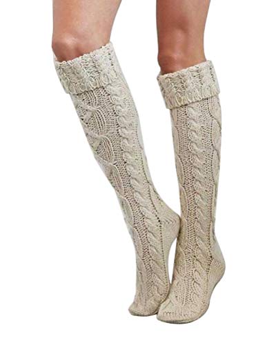 Yesgirl Stiefel Kniestrümpfe Mädchen Kniestrümpfe Einfarbig Überknie Strümpfe Damen Elegant Overknee Strümpfe Grobstrick Strick Schüler Knitting Hohesocken Winter Warme Socken A Beige von Yesgirl