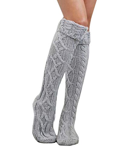 Yesgirl Stiefel Kniestrümpfe Mädchen Kniestrümpfe Einfarbig Überknie Strümpfe Damen Elegant Overknee Strümpfe Grobstrick Strick Schüler Knitting Hohesocken Winter Warme Socken A Grau von Yesgirl