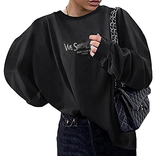 Yesgirl Sweatshirts Für Damen Lange Ärmel Spleißen Pullover Winter Rundhals Vintage Streetwear Oversized Farbstoff Drucken Mädchen Sportbekleidung Casual Top Chic Hoodie D Schwarz XS von Yesgirl