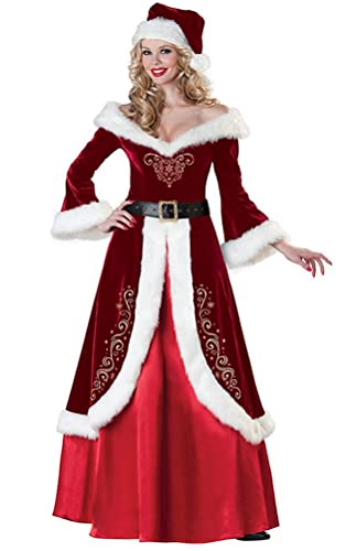 Yesgirl Tomwell Weihnachtsmann Kostüm Herren/Damen Weihnachtskleid V-Ausschnitt Weihnachten Party Kleider Miss Santa Claus Cosplay Kostüm Mit Gürtel Weihnachtsfrau Xmas Outfit Set A Rot L von Yesgirl