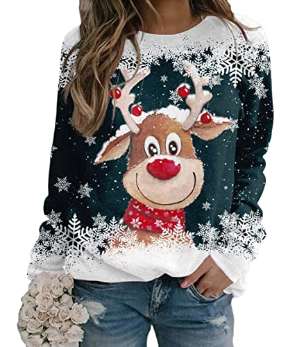 Yesgirl Tomwell Weihnachtspullover Damen Lustig Druck Christmas Sweatshirt Weihnachts Rundhals Pullover Schneemann Langarmshirt Xmas Pulli Oberteil Teenager Mädchen B Dunkelblau 3XL von Yesgirl