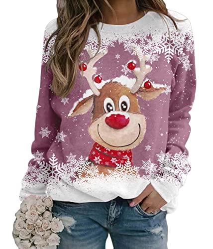 Yesgirl Tomwell Weihnachtspullover Damen Lustig Druck Christmas Sweatshirt Weihnachts Rundhals Pullover Schneemann Langarmshirt Xmas Pulli Oberteil Teenager Mädchen B Rosa L von Yesgirl