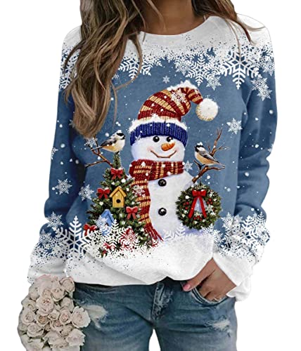 Yesgirl Tomwell Weihnachtspullover Damen Lustig Druck Christmas Sweatshirt Weihnachts Rundhals Pullover Schneemann Langarmshirt Xmas Pulli Oberteil Teenager Mädchen C Blau L von Yesgirl