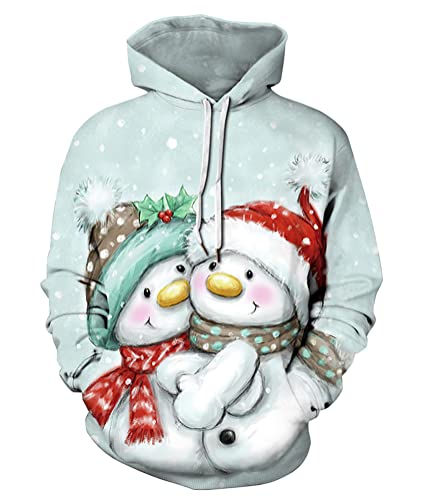 Yesgirl Unisex Weihnachtspullover Christmas Hoodies Kapuzenpullover Lustig 3D Druck Weihnachten Hoodies Xmas Weihnachtspulli Schneemann Sweatshirt mit Tasche Hoody für Herren und Damen A Hellblau 3XL von Yesgirl