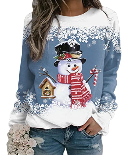 Yesgirl Tomwell Weihnachtspullover Damen Lustig Druck Christmas Sweatshirt Weihnachts Rundhals Pullover Schneemann Langarmshirt Xmas Pulli Oberteil Teenager Mädchen A Blau XL von Yesgirl