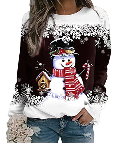 Yesgirl Tomwell Weihnachtspullover Damen Druck Christmas Sweatshirt Weihnachts Rundhals Pullover Schneemann Langarmshirt Xmas Pulli Oberteil Teenager Mädchen A Braun L, XR221007LYL-DE02-A-Bro-L von Yesgirl