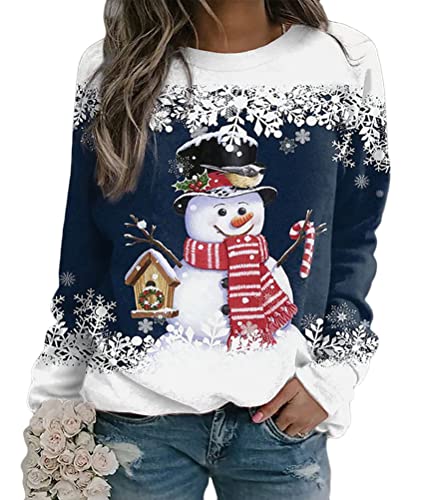 Yesgirl Tomwell Weihnachtspullover Damen Lustig Druck Christmas Sweatshirt Weihnachts Rundhals Pullover Schneemann Langarmshirt Xmas Pulli Oberteil Teenager Mädchen A Dunkelblau M von Yesgirl