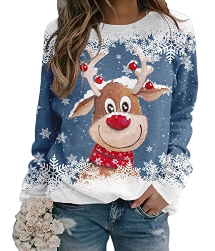 Yesgirl Tomwell Weihnachtspullover Damen Lustig Druck Christmas Sweatshirt Weihnachts Rundhals Pullover Schneemann Langarmshirt Xmas Pulli Oberteil Teenager Mädchen B Blau S von Yesgirl