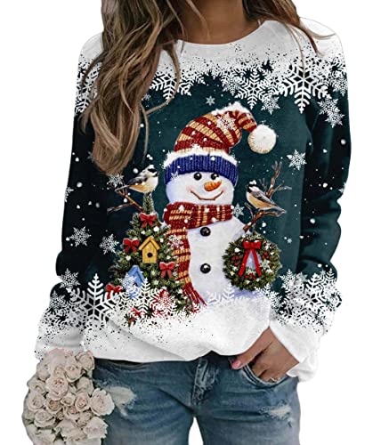 Yesgirl Tomwell Weihnachtspullover Damen Lustig Druck Christmas Sweatshirt Weihnachts Rundhals Pullover Schneemann Langarmshirt Xmas Pulli Oberteil Teenager Mädchen C Dunkelblau L von Yesgirl