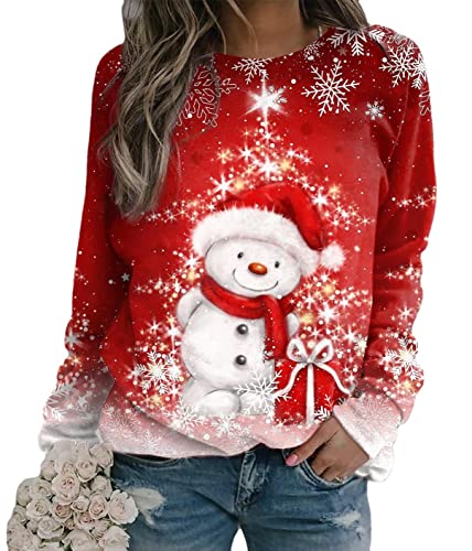 Yesgirl Weihnachtspullover Damen Lustig Druck Christmas Sweatshirt Weihnachts Rundhals Pullover Schneemann Langarmshirt Xmas Pulli Oberteil Teenager Mädchen D Rot M von Yesgirl