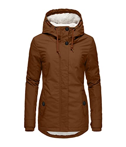 Yesgirl Wintermantel Damen Winter Parka Jacke Warm Gefüttert Winterparka mit Fellkapuze Dicke Winterjacke Lang Mantel Coat Outdoorjacke mit Taschen Große Größen A Braun 3XL von Yesgirl