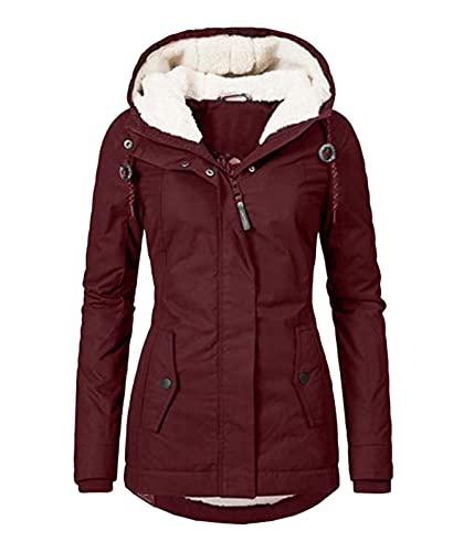 Yesgirl Wintermantel Damen Winter Parka Jacke Warm Gefüttert Winterparka mit Fellkapuze Dicke Winterjacke Lang Mantel Coat Outdoorjacke mit Taschen Große Größen A Rot L von Yesgirl