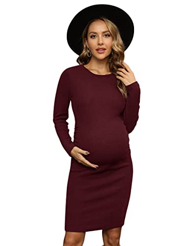 Yeshape Gestricktes geripptes Langarm-Umstandskleid, gerüscht, figurbetontes Kleid, Freizeitkleidung, Arbeit, Weinrot, Groß von Yeshape