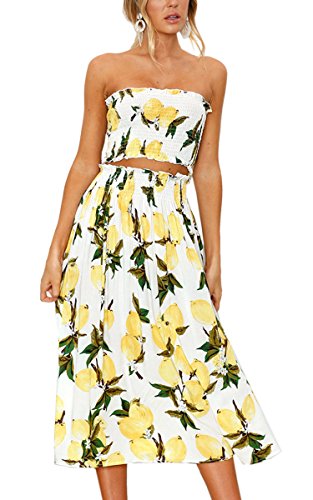 Yeshire Damen ärmelloses Crop Top und Maxirock mit Blumenmuster, 2-teiliges Outfit-Kleid, Zitrone, X-Groß von Yeshire