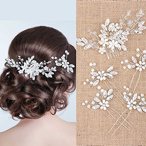 Yeshone 5 Stück Hochzeit Haarkamm Braut Haarnadeln Perlen Kristall Haarschmuck Strass Blume Haarschmuck für Hochzeit Braut Damen (Silber) von Yeshone