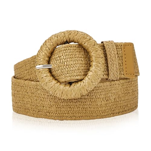 Yesimola Damen Gürtel Stroh Gewebte Elastische Taillengürtel Sommer Strand Kleid Gürtel Geflochtene Breiter Taillengürtel Böhmen Schärpe mit halbkreisförmiger Schnalle für Kleider(Hellbraun) von Yesimola