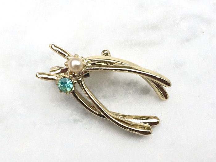 Jahrgang Wishbone Querlenker Brosche, Gold Brosche W Blau Strass & Fauxperle, Glück Wünschen Kleine Vintage Der Thanksgiving von YesterHere