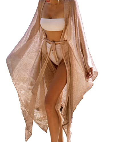 Shimmer Gaze Damen Badeanzug Cover Ups mit Gürtel Lange Strand Cardigan Bikini Cover, Hellgrau., Einheitsgröße von Yestic