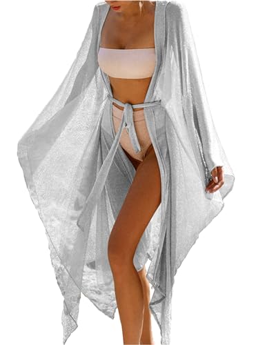 Shimmer Gaze Damen Badeanzug Cover Ups mit Gürtel Lange Strand Cardigan Bikini Cover, silber, Einheitsgröße von Yestic