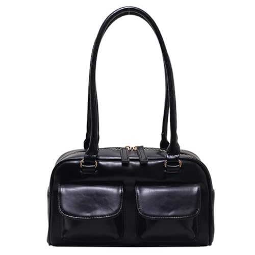 Retro-Umhängetasche, Doppeltasche, PU-Leder, modisch, solider Tragegriff oben, lässiger Reißverschluss, tragbare Damen-Geldbörsen (Schwarz) von Yestree