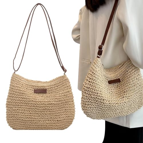 Stroh Strandtasche Damen Schultertaschen Mode Strohtasche Damen Schultertasche Sommer Stroh Strandtasche Flechttasche Einkaufstasche (Khaki) von Yestree