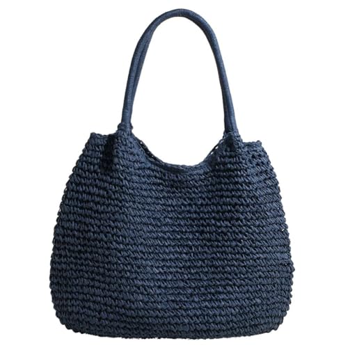 Strohtasche für Damen Summer Stroh Handtasche Strandtasche Schultertasche Geflochtene Tasche Korbtasche Tote Bag Basttasche Groß Gewebte Shopper Tasche (Blau) von Yestree