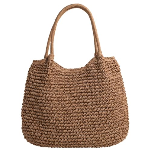 Strohtasche für Damen Summer Stroh Handtasche Strandtasche Schultertasche Geflochtene Tasche Korbtasche Tote Bag Basttasche Groß Gewebte Shopper Tasche (Khaki) von Yestree