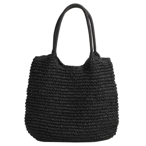 Strohtasche für Damen Summer Stroh Handtasche Strandtasche Schultertasche Geflochtene Tasche Korbtasche Tote Bag Basttasche Groß Gewebte Shopper Tasche (Schwarz) von Yestree