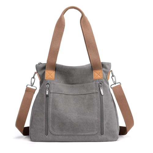 Yestree Damen Canvas Handtasche Umhängetaschen Crossbody Taschen Vintage Taschen Multifunktionale Groß Bag für Schule Lässige Reisen grau von Yestree