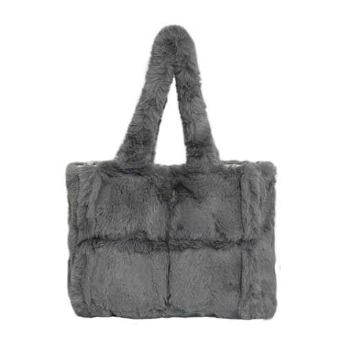 Yestree Plüsch Handtasche Puffer Tote Bag - Große Flauschige Shopper Damen Schultertasche Kunstfell Teddy Tasche Einfarbig Henkeltaschen Winter Furry Stepptasche Umhängetasche Mädchen (Grau) von Yestree