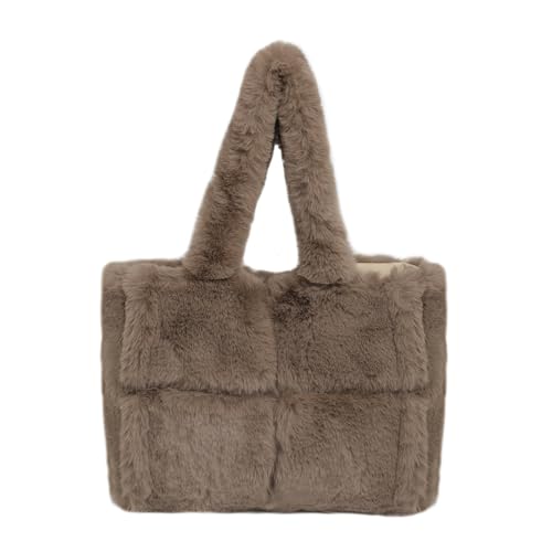 Yestree Plüsch Handtasche Puffer Tote Bag - Große Flauschige Shopper Damen Schultertasche Kunstfell Teddy Tasche Einfarbig Henkeltaschen Winter Furry Stepptasche Umhängetasche Mädchen (Kaffeefarbe) von Yestree