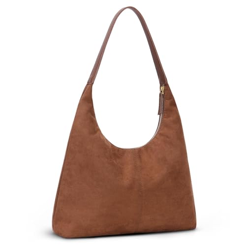 Yestree Tote Bag Wildleder Slouchy Bag Hobo Handtasche Damen Suede Shoulder Bag Vintage Schultertasche mit Reißverschluss Handbag (braun) von Yestree