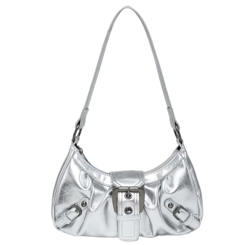 Yestree Umhängetasche Damen Klein Handtasche, Damen Schultertasche Y2K PU Leder Hobo Tasche Faltenunterarmtasche mit Magnetverschluss und Reißverschluss Clutch Tasche für Reisen und Pendeln (Silber) von Yestree