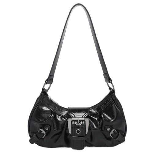Yestree Umhängetasche Damen Klein Handtasche, Damen Schultertasche Y2K PU Leder Hobo Tasche Faltenunterarmtasche mit Magnetverschluss und Reißverschluss Clutch Tasche für Reisen und Pendeln (Schwarz) von Yestree