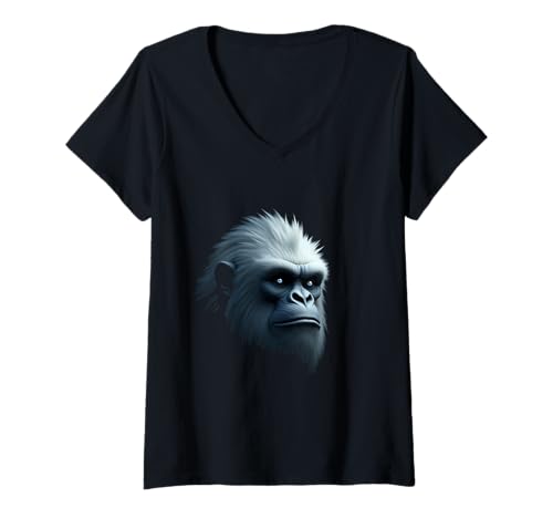 Damen Yeti-Gesicht, Schneekreatur, Berglegenden, Kunst T-Shirt mit V-Ausschnitt von Yeti Fun Designs
