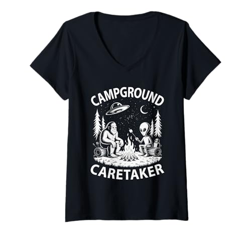 Damen Hausmeister des Yeti-Campingplatzes Alien Bigfoot Camp Camping Crew T-Shirt mit V-Ausschnitt Damen Hausmeister des Yeti-Campingplatzes Alien Bigfoot Camp Camping Crew T-Shirt mit V-Ausschnitt von Yeti Hide & Seek 2025 Sasquatch Campground