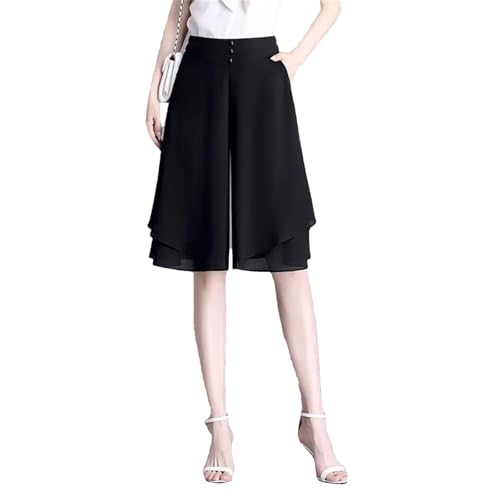 Yeuyyben Damen Culottes Sommer Große Größe Chiffon Weites Bein Hose Casual Viertelhose Loose, 3066 Schwarze Culottes, L von Yeuyyben