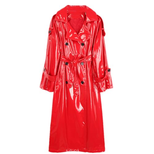 Yeuyyben Herbst Lange Rote Glänzende Reflektierende Lackleder Trenchcoat Für Frauen Zweireiher Plus Größe Mode, rot, 42 von Yeuyyben