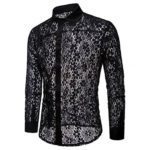Yeuyyben Männer Sexy Langarm Einfarbig Spitze Durchsichtig Clubwear Button-Down-Hemd Weiches Hemd von Yeuyyben