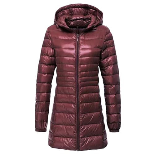 Yeuyyben Übergroße Plus Lange Daunenjacke Frauen Winter Ultra Licht Daunenjacke Frauen Mit Kapuze Daunenmantel Weibliche Mäntel, weinrot, 48 von Yeuyyben