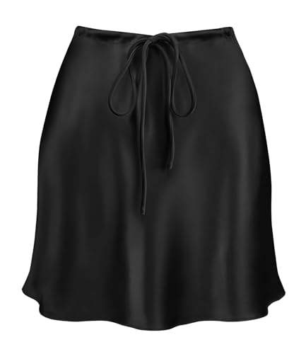 Damen Kordelzug Satin Minirock Hohe Taille Elegant Casual A-Linie Ausgestellte Seide Kurze Röcke für Frauen, Schwarz, Medium von Yewanka