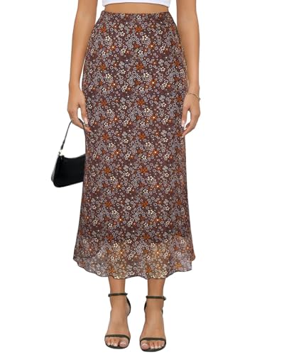 Damen Y2k Mesh Midi Rock Elastische Hohe Taille Blumendruck Bodycon Meerjungfrau Lange Röcke für Frauen, Braune Blume, Mittel von Yewanka