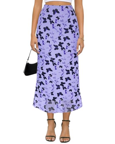 Damen Y2k Mesh Midi Rock Elastische Hohe Taille Blumendruck Bodycon Meerjungfrau Lange Röcke für Frauen, Schmetterling lila, Mittel von Yewanka