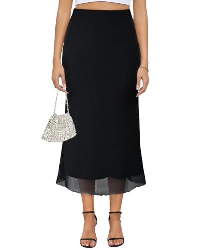 Damen Y2k Mesh Midi Rock Elastische Hohe Taille Blumendruck Bodycon Meerjungfrau Lange Röcke für Frauen, Schwarz, Klein von Yewanka