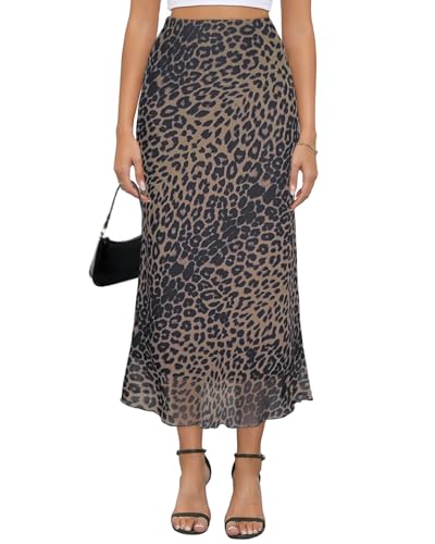 Damen Y2k Mesh Midi Rock Elastische Hohe Taille Blumendruck Bodycon Meerjungfrau Lange Röcke für Frauen, braun (leopardenmuster), Klein von Yewanka