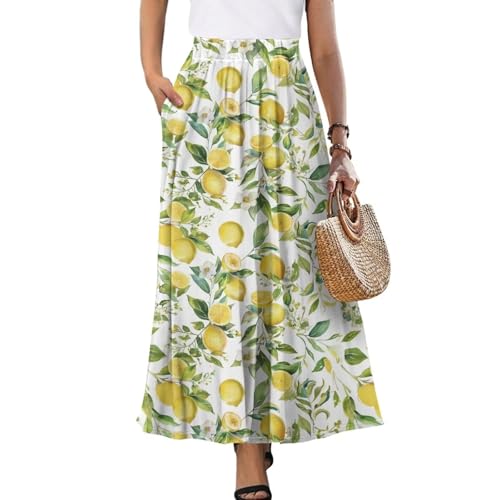 Yewattles Damen-Maxi-Kleid mit hoher Taille, plissiert, A-Linie, fließender Swing-Maxi-Rock mit Taschen, zum Spazierengehen, Lounging, Zitrone, Groß von Yewattles