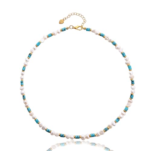 Halskette mit Süßwasserperlen und türkisfarbenen Edelsteinen, Boho, Türkis, Choker-Halskette für Schmuck, Geschenk, Messing, Türkis Halskette mit Süßwasserperlen und türkisfarbenen Edelsteinen, Boho, Türkis, Choker-Halskette für Schmuck, Geschenk, Messing, Türkis von Yewkit