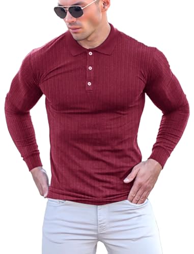 Yewloch Poloshirt Herren Langarm & Kurzarm Getäfelt T Shirts Männer Hemd T-Shirt，Männer Slim Fit Baumwolle Golf Casual Muskel T Shirt Rot, 2XL von Yewloch