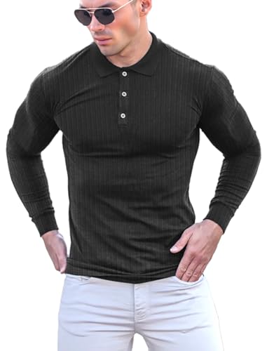 Poloshirt Herren Langarm & Kurzarm Baumwolle Golf T Shirt ，Männer Muskel Pullover Hemd ，Slim Fit Casual Tops Schwarz, S von Yewloch